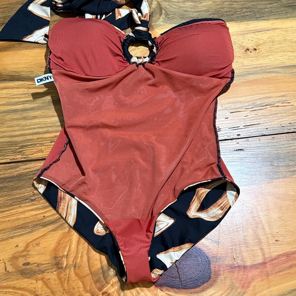 DKNY Black One-Piece Swimsuit with Cream & Brown Leaf Print, Women’s 8, NWOT - Picture 6 of 9